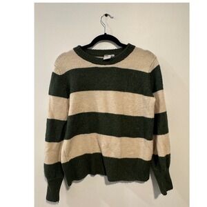 ICHI Women Striped Crew Neck Long Sleeve Sweater Size S Beige Green